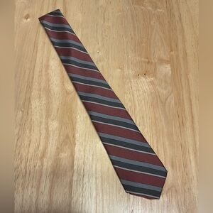 Boy’s Michael James Tie. Burgundy, Grey, Silver Stripes.